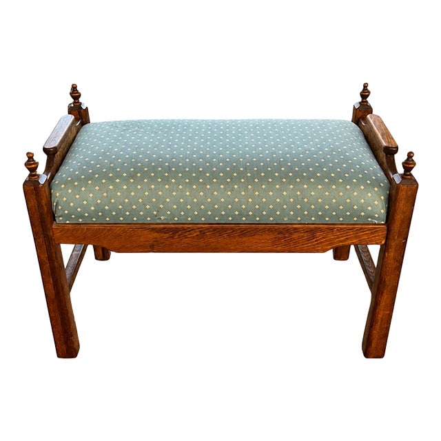 Antique Figured Wood Upholstered Bench With Turned Finials and Blue-Green Diamond Fabric For Sale