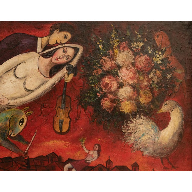 XL Mid 20th Century Surrealist Painting, Manner of Chagall, Framed For Sale - Image 4 of 12
