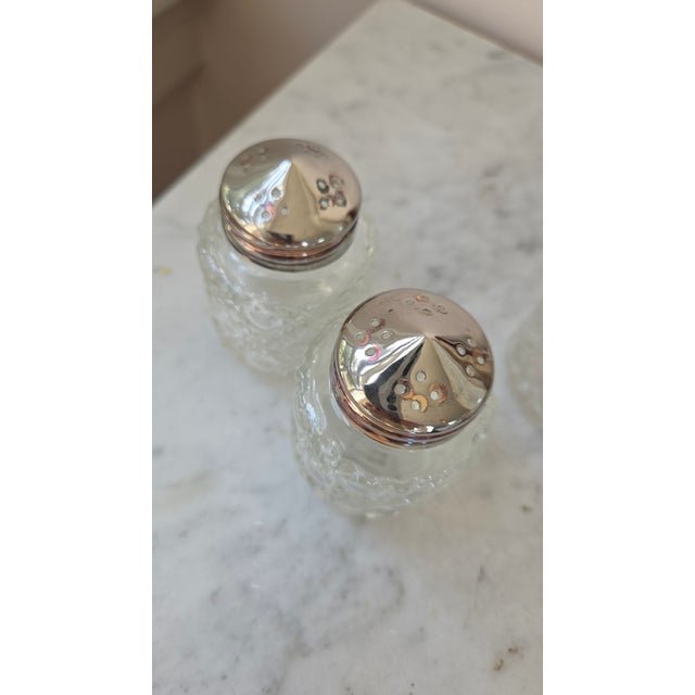 Vintage Patterned Glass and Silver-Plated Condiment Set With Lucite Spoon For Sale - Image 4 of 17