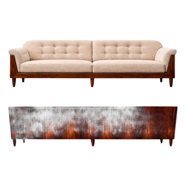 Jd Móveis Brazilian Rosewood Four-Seat Sofa in Warm Oatmeal Bouclé, Brazil, 1960s — Sculptural Form With Rounded Tapered Legs For Sale