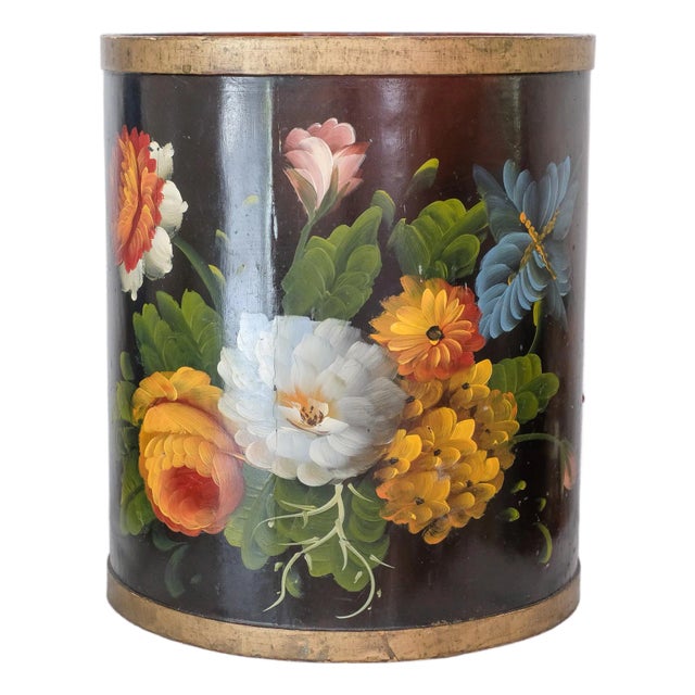 Mid 20th Century Hand-Painted Floral Waste Can For Sale