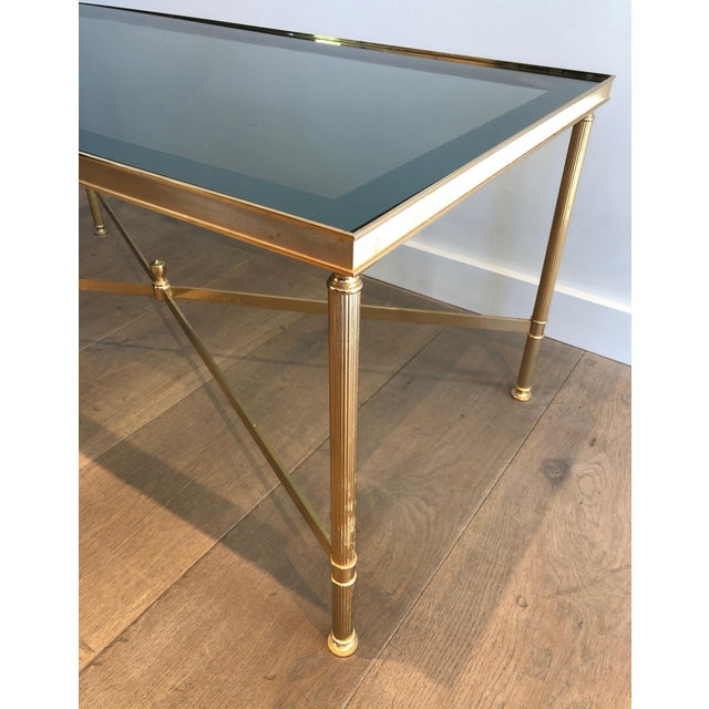 Metal 1940s Neoclassical style gold metal coffee table with blueish glass top For Sale - Image 7 of 12