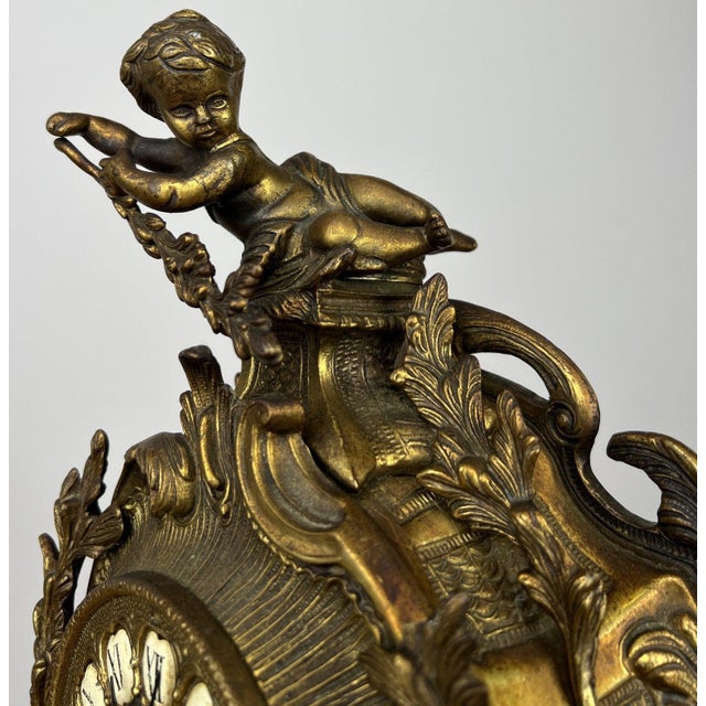 Gold Vintage French Brass Ornate Cherub Mantel Clock For Sale - Image 8 of 13