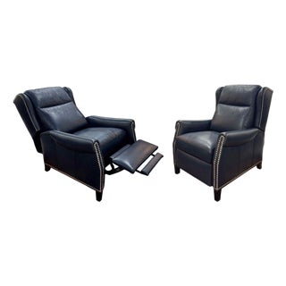 Hancock & Moore Navy Blue Leather Recliners, a Pair For Sale