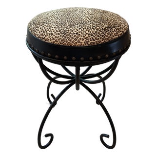 Vintage Wrought Iron Vanity Stool With Leopard Upholstery For Sale