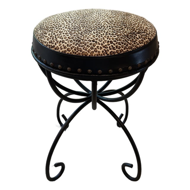 Vintage Wrought Iron Vanity Stool With Leopard Upholstery For Sale
