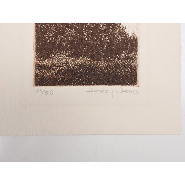 Late 20th century etching on paper of oak tree and landscape by Jerry Weers (20th - 21st century) Texas. Signed and...