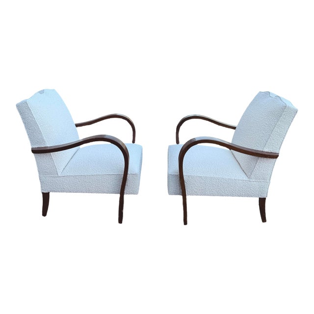 A Pair of 1930s Art Deco “Swan Song” Armchairs in Ivory Bouclé For Sale