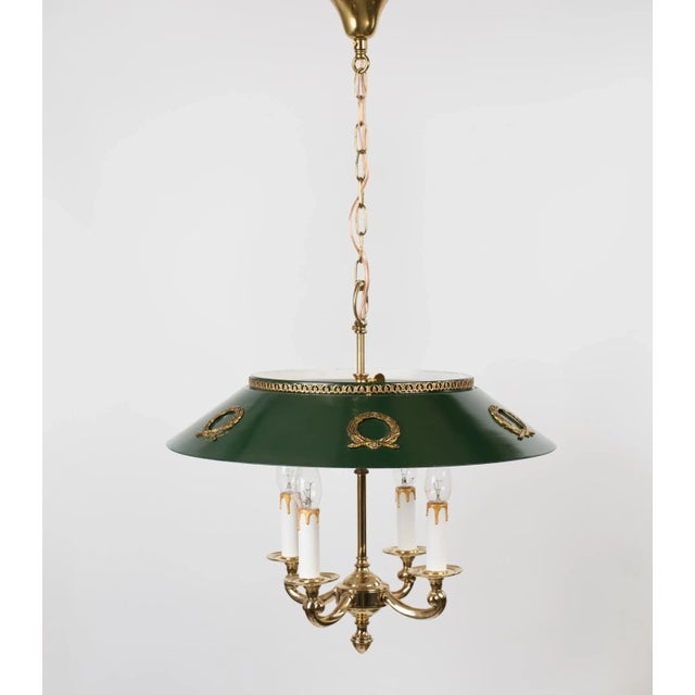 1960s Empire Bouillotte Brass Chandelier With Green Tole Shade For Sale - Image 6 of 14