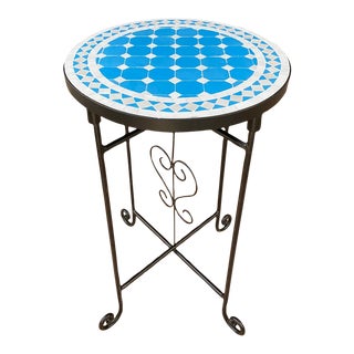 Sky Round Blue White Tile Mosaic Table Moroccan Decor Art For Sale