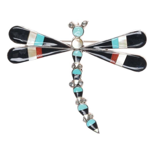 Large Zuni sterling dragonfly pendant turquoise, jet, coral, shell inlay For Sale