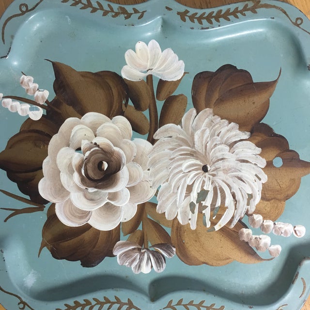 Vintage Tole Ware Blue Hand Painted Gold & White Flowers Mini Tray