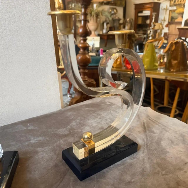 Two 1970 Mid-Century Modern Black and Clear Lucite and Brass French Candlesticks For Sale - Image 13 of 14