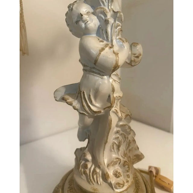 Vintage Cherub Boudoir Lamp Pair — Rococo Revival Putti Bases W/ Fringe Shades For Sale - Image 4 of 10