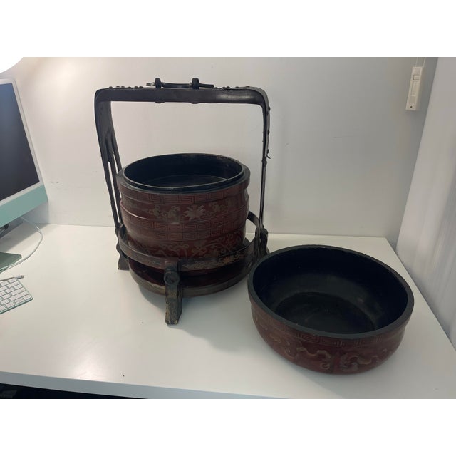 Late 19th Century Antique Chinese Red Lacquer & Gold Gilt 2-Tier Footed Wedding Basket For Sale - Image 5 of 9