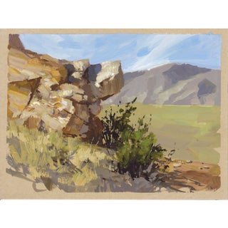 027 - Plein Air-Golden, CO, 4/17/22 by Judd Mercer | Gouache Painting of a rocky landscape with vegetation For Sale