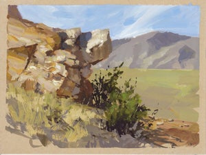 027 - Plein Air-Golden, CO, 4/17/22 by Judd Mercer | Gouache Painting of a rocky landscape with vegetation