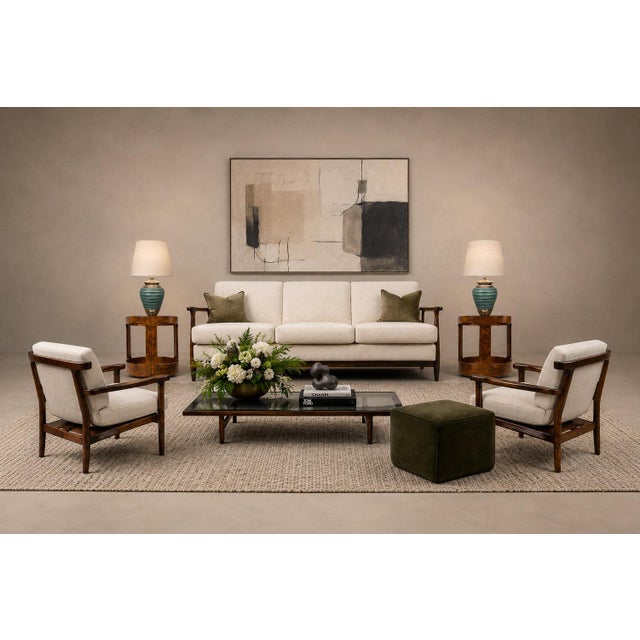 A refined example of Brazilian Modernism at its most architectural, this three-seat sofa produced by Liceu de Artes e...