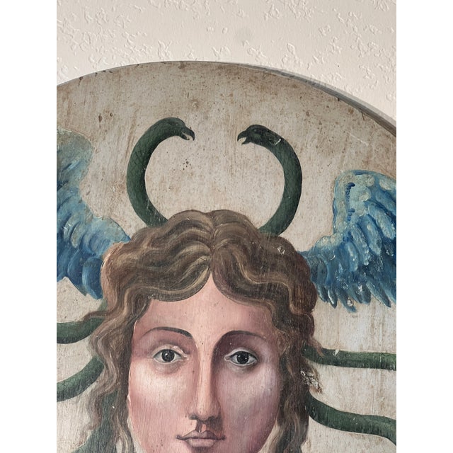 Wood Allegorical Hand-Painted Oil on Wood Baroque Wall Hanging Plaque of Winged Medusa For Sale - Image 7 of 15