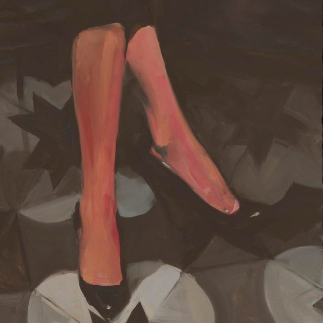 Early 21st Century Italian Chair by Michael Carson | Oil on Panel Woman sitting in a blue chair on a patterned floor. For Sale - Image 5 of 5