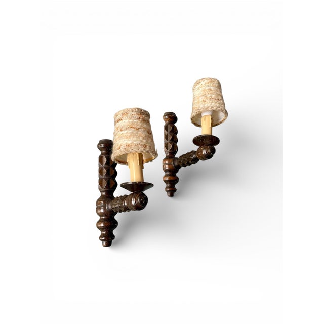 Wood Turned Wood Wall Sconces in the style of Dudouyt, 1940, Set of 2 For Sale - Image 7 of 10
