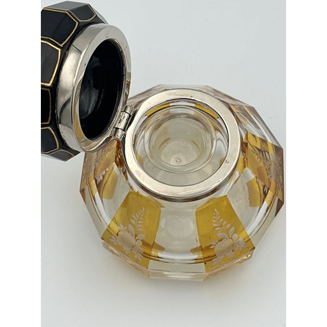 Victorian Vintage Glass & Enamel Inkwell – Octagonal Cut Glass With Black & Gold Hinged Lid – Decorative Desk or Vanity Accent For Sale - Image 3 of 8