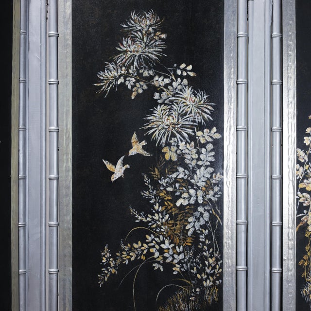 Vintage Chinoiserie Four-Panel Folding Screen – Hand-Painted Floral Motif With Silver Faux Bamboo Frame For Sale - Image 12 of 15