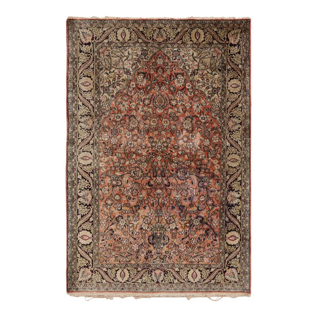 Antique Persian Qum Rug in Orange With Floral Patterns For Sale