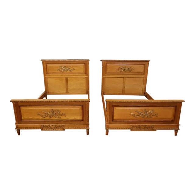 Pair of 1920's Era Oak French Louis XVI Oak European Small Double Beds For Sale