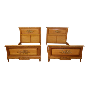 Pair of 1920's Era Oak French Louis XVI Oak European Small Double Beds