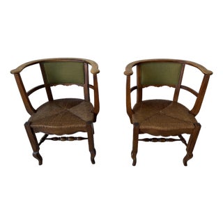 Vintage Organic Arts & Crafts Style Curved Rail Back Accent Chairs – Pair For Sale