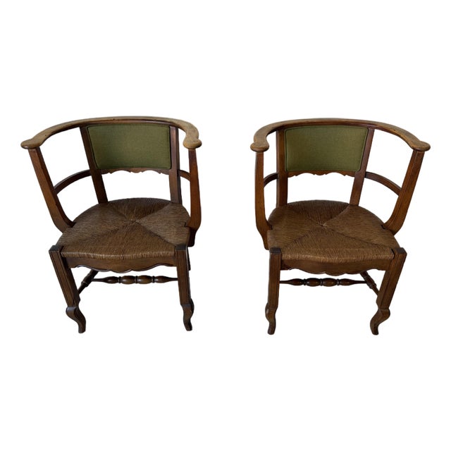 Vintage Organic Arts & Crafts Style Curved Rail Back Accent Chairs – Pair For Sale