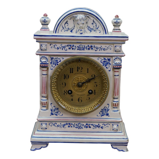 Antique Renaissance Revival j.e. Caldwell French Delft Porcelain Mantel Clock For Sale