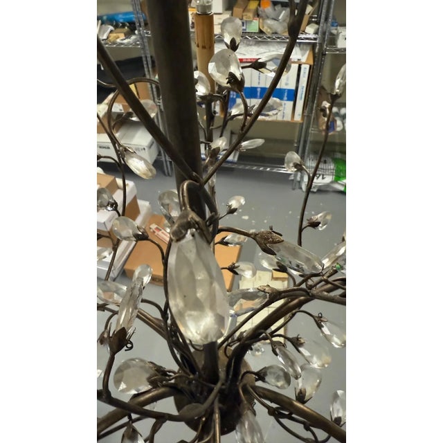 1940s French Pair of Wrought Iron and Crystal Branch Chandeliers For Sale - Image 9 of 11