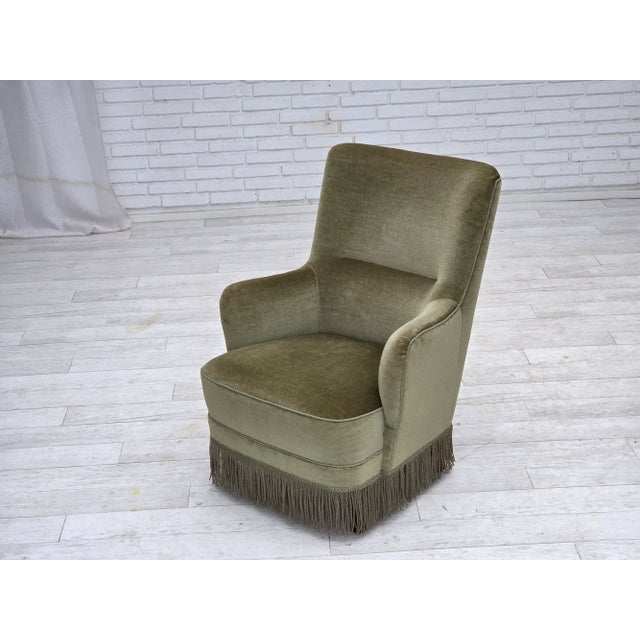 Danish Highback Armchair in Green Furniture Velour, 1970s For Sale - Image 11 of 17