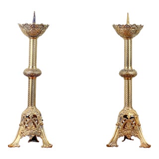 19th Century Baroque Style Solid Cast Brass Altar Candlesticks—A Pair For Sale
