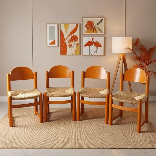 1970s Vintage 1970s Italian Hank Loewenstein "Padova" Beechwood & Rush Stacking Dining Chairs - Set of 4 For Sale - Image 5 of 14