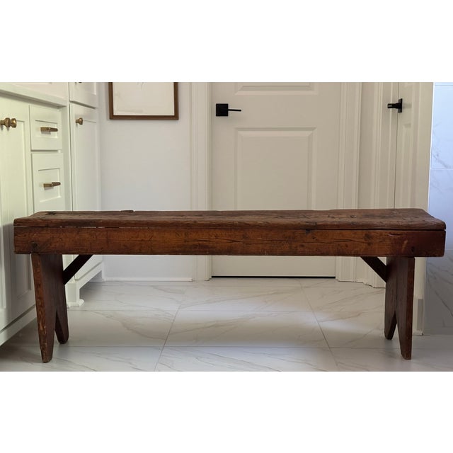 Antique Early American Americana Primitive Plank Wood Farm Bench, 19th Century For Sale - Image 15 of 18