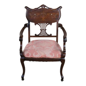 Antique English Edwardian Mahogany Inlaid Marquetry Mother Pearl Parlor Armchair