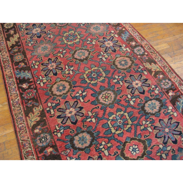 1930s Red Floral Antique Persian Bijar Rug 4'1" X 14'5" Knotted Wool Carpet For Sale - Image 4 of 4