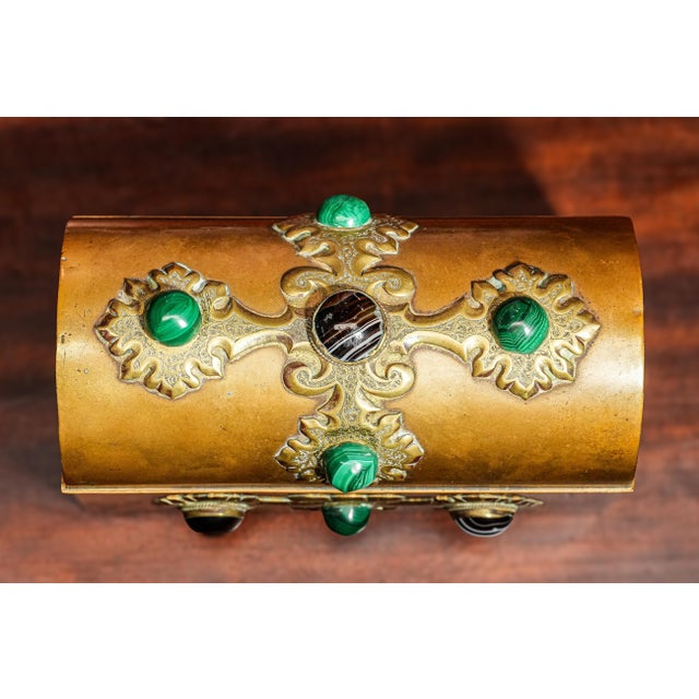 Victorian Stunning Cabochon Gemstone Antique Victorian Domed Brass Metal Desk Casket Box Home Decor For Sale - Image 3 of 14