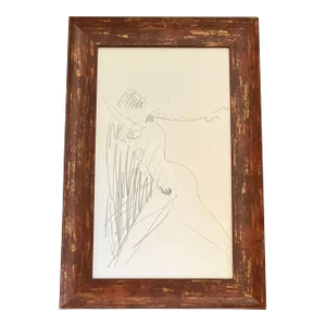 1970s Original Abstract Female Nude Drawing Ornamental Frame
