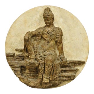 Vintage 43" Fiberglass Kuan Shih Yin Buddha Relief Round Wall Art Sculpture For Sale