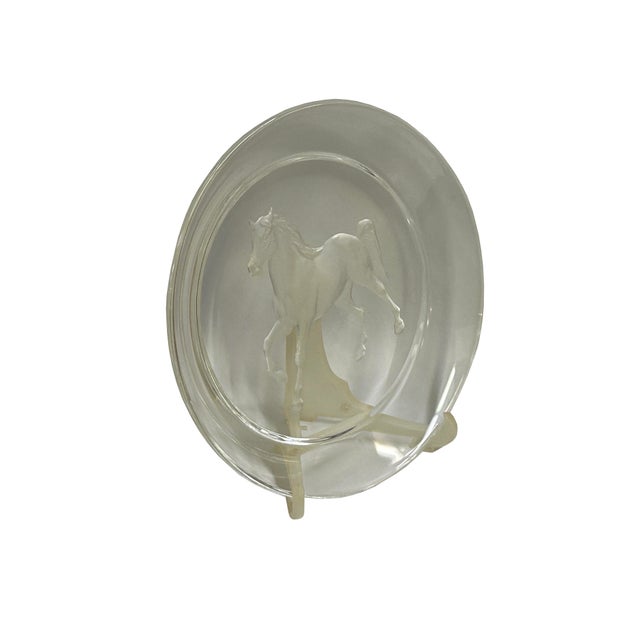 Clear Glass Back Relief Carved Horse Round Display Disc For Sale - Image 4 of 13