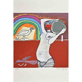 Guillaume Corneille, Girl with Rainbow: Homage to Leopold\., 1970s, Lithograph For Sale