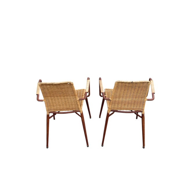 Mid-Century Modern Stitched Leather and Rattan Armchairs by Jacques Adnet, 1950s, Set of 2 For Sale - Image 3 of 10