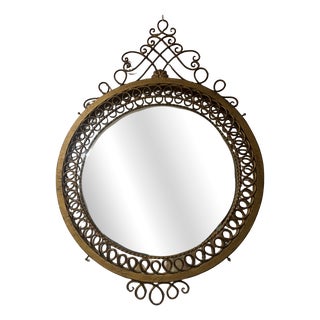 Round Wall Mirror in Gilt Metal with Scrollwork, 1950s For Sale