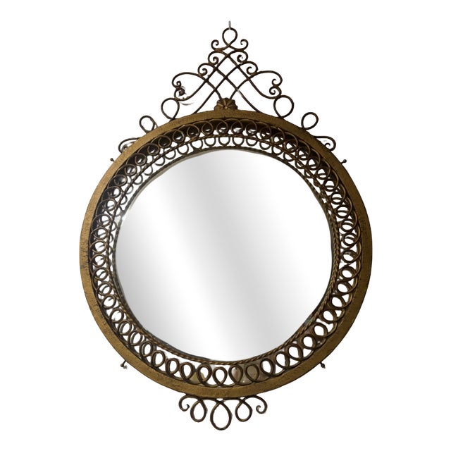Round Wall Mirror in Gilt Metal with Scrollwork, 1950s For Sale
