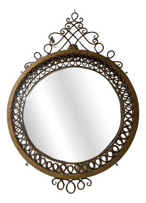 Round Wall Mirror in Gilt Metal with Scrollwork, 1950s