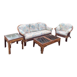 Vintage Rattan Lounge Set—Sofa, Chair, End Table and Coffee Table For Sale